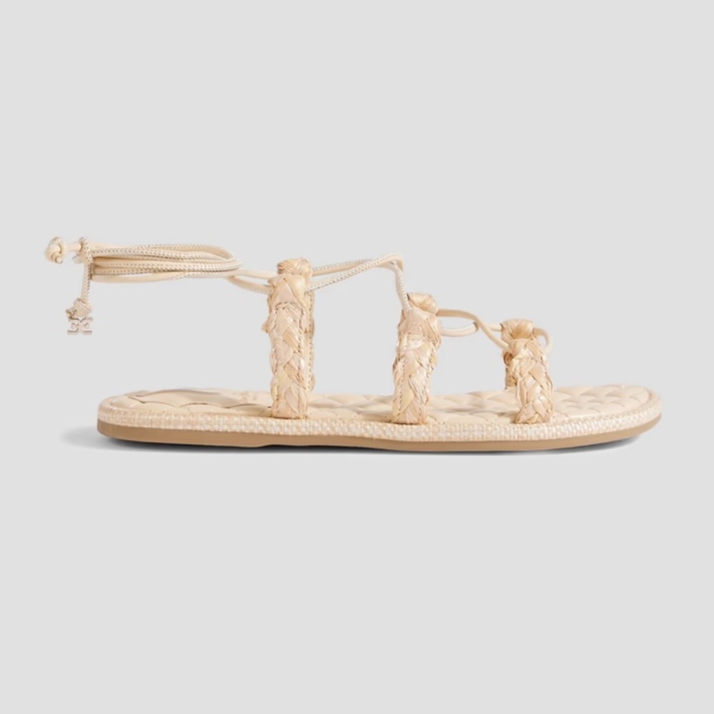 SAM EDELMAN Zariah leather-trimmed faux raffia sandals cream beige size 5